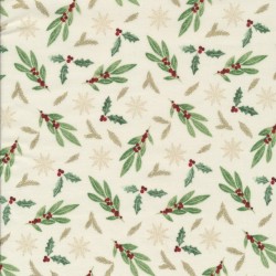 Fast stof i bomuld med kristjørn i offwhite, grøn, rød og guld.