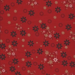 Fast stof i bomuld med blomst og stjerne i rød, mørkegrøn, offwhite og guld.