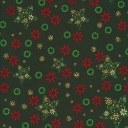 Fast stof i bomuld med blomst og stjerne i mørkegrøn, rød, offwhite og guld.