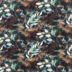 Isoli m/stræk digital print med blade i sort, irgrøn og gylden