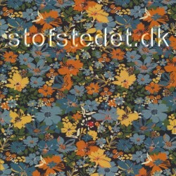 Bomuldsjersey økotex m/digitalt tryk småblomstret i sort, støvet gul, blå, orange