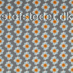 Bomulds jersey i grå med blomster i babylyseblå, orange og hvid