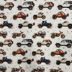 Økologisk Bomulds jersey med digitalt print i knækket hvid med biler og motorcykel