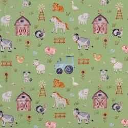 Bomuldsjersey økotex m/digitalt tryk i grøn med dyr - bondegård