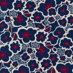 Polyester digitalprint blomstret i blå, rød, offwhite