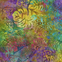 Afklip Patchworkstof batik med blade i multifarvet, 50x55 cm.