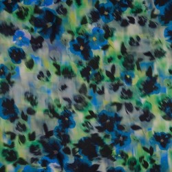 Satin i digitalprint med stedmoderblomster i grøn, petrol, lime