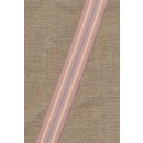 Flexibelt bånd i rosa med striber i off-white og grå.