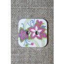 Knap m/print, firkant m/blomster, hvid/lyng/lime