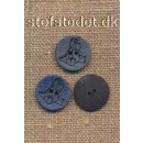 2-huls Kokos knap med dinosaurus i blå, 15 mm.