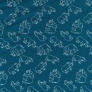 Poplin i mørk petrol med elefant, næsehorn, flodhest