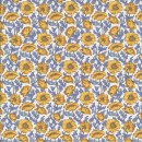 Fast bomuld i hvid med blomster i gul og denim