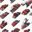 Afklip Bomuld/lycra økotex m/digitalt tryk i hvid med brandbiler 40x60 cm.