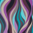 Bomuld/lycra økotex m/digitalt tryk med bølgede striber på langs i lilla, aqua, brun, beige og sort.