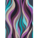 Bomuld/lycra økotex m/digitalt tryk med bølgede striber på langs i lilla, aqua, brun, beige og sort.