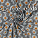 Bomulds jersey i grå med blomster i babylyseblå, orange og hvid