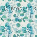 Bomuldsjersey økotex m/digitalt tryk i hvid med blade i aqua, grøn og blå.