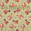 Bomuldsjersey økotex m/digitalt tryk i lys oliven med helikopter og brandbiler.