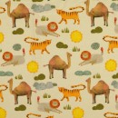 Bomuldsjersey økotex m/digitalt tryk i sand med løve, tiger, dromedar