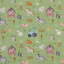 Bomuldsjersey økotex m/digitalt tryk i grøn med dyr - bondegård