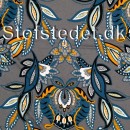 Viskosejersey i grå med mønster i petrol, orange, hvid og sort