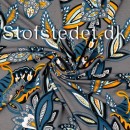 Viskosejersey i grå med mønster i petrol, orange, hvid og sort