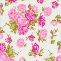 Fast bomuldspoplin med roser i hvid og lyserød